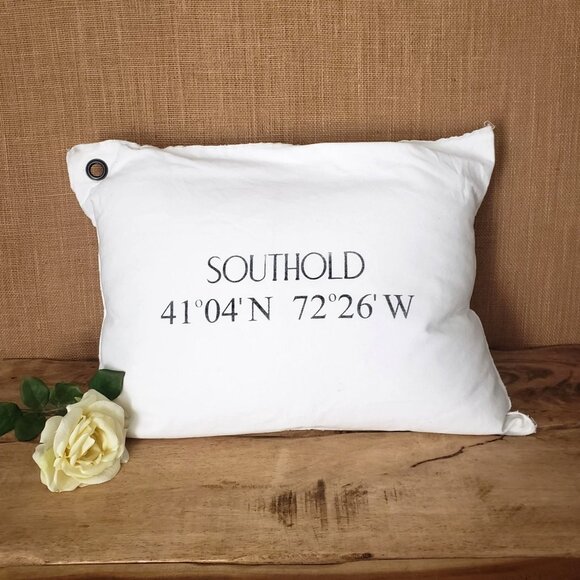 Southold LI Nautical Map Coordinates White Cotton Canvas Down Pillow Beach House - Picture 1 of 10